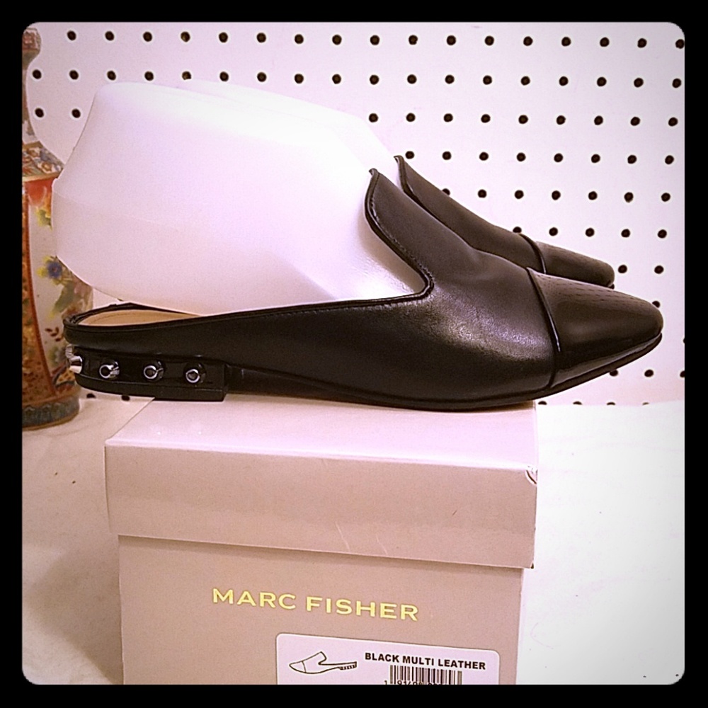 Marc Fisher Analise Black Leather Flats With Silver Studs Around The Heel. New.